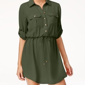 Juniors' Roll-Tab Shirt Dress with Utility Pockets